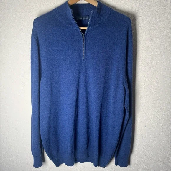 Peter Elliot 100% Cashmere 1/4 Zip Pullover Sweater Mens Blue Luxury‎ XL Large